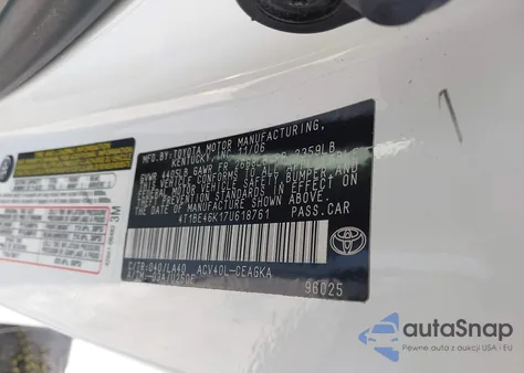 2007 Toyota Camry Xle z USA, uszkodzony, nr VIN 4T1BE46K17U618761